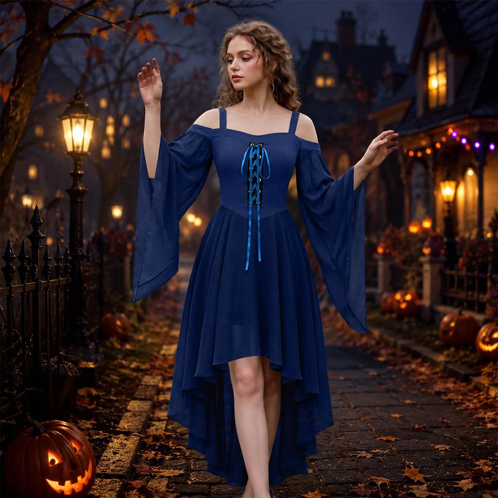 Women's Gothic Off Shoulder Spaghetti Strap Color Chiffon Dress with Butterfly Sleeves and Irregular Hem