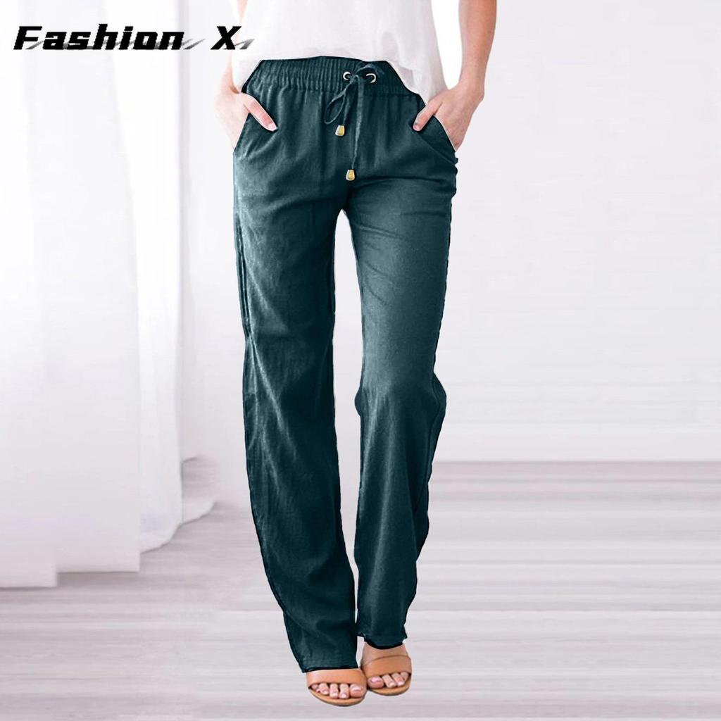 Pantaloni da donna larghi a gamba larga tinta unita cotone lino coulisse pantaloni casual