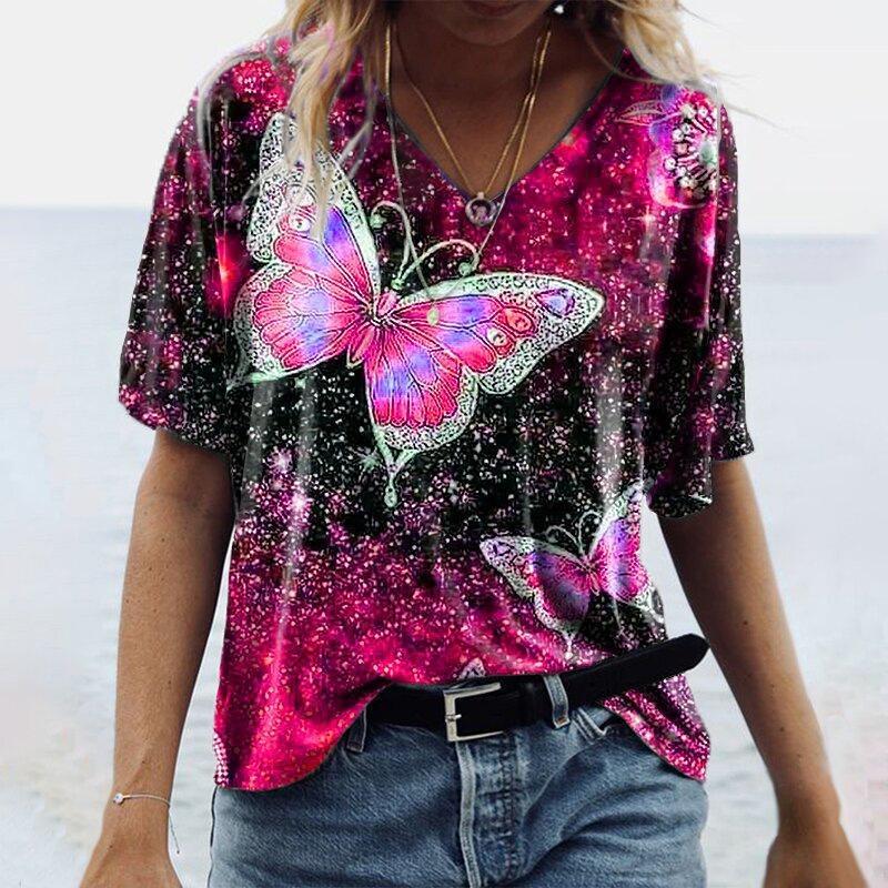 Summer Loose Women's T-Shirts Casual Short Sleeve V-Neck Butterfly Print Tee Shirt Femme Plus Size Lady Tops