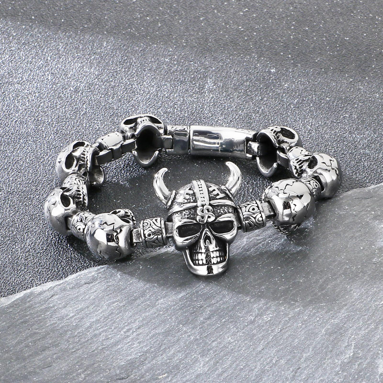 Fongten Viking Bull Horn Skull Men s Stainless Steel Necklace Gothic Punk Accessories Fashion Jewelry Halloween Gifts 23cm
