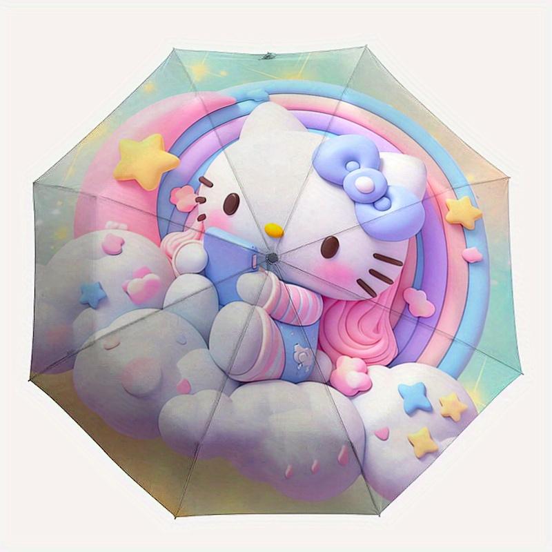 Hello Kitty,Pastel Rainbow Automatic Folding Umbrella-Simple 8-Rib Design, Bright Cartoon Pattern, Durable Iron Frame, Suitable For Travel,
