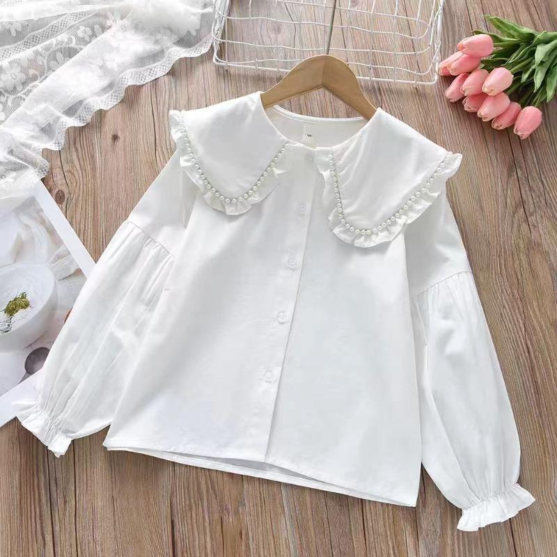 Girls Long-sleeved Shirt New Spring Girls Autumn Children's Lapel Baby Girl Shirt Lace White
