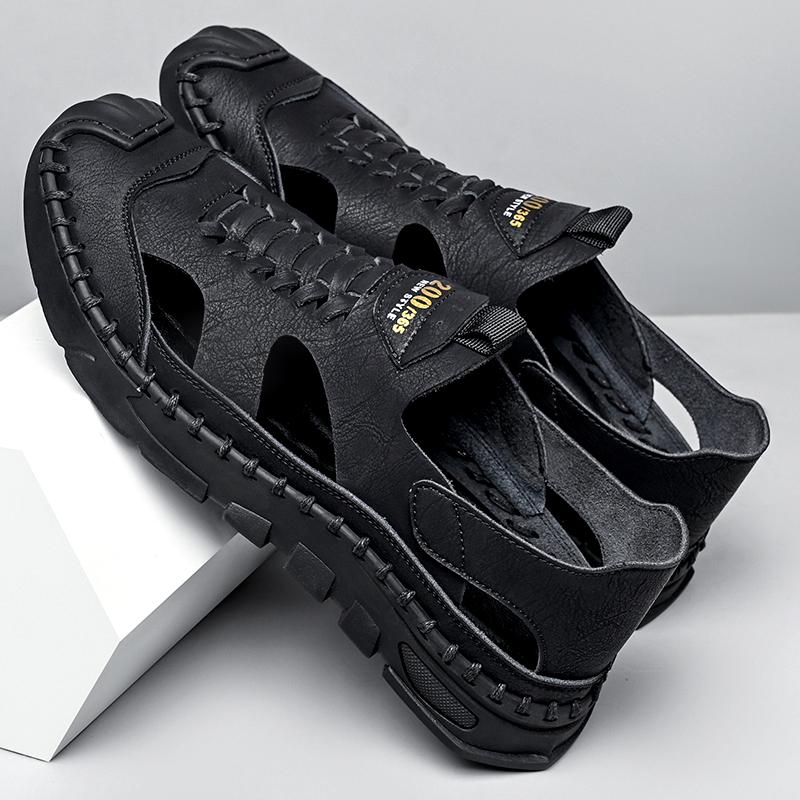 

Сандалии мужские из натуральной кожи, летние пляжные сандалии, мужские тапочки ручной работы, высококачественные сшитые вручную римские сандалии для отдыха на природе 44 чёрный