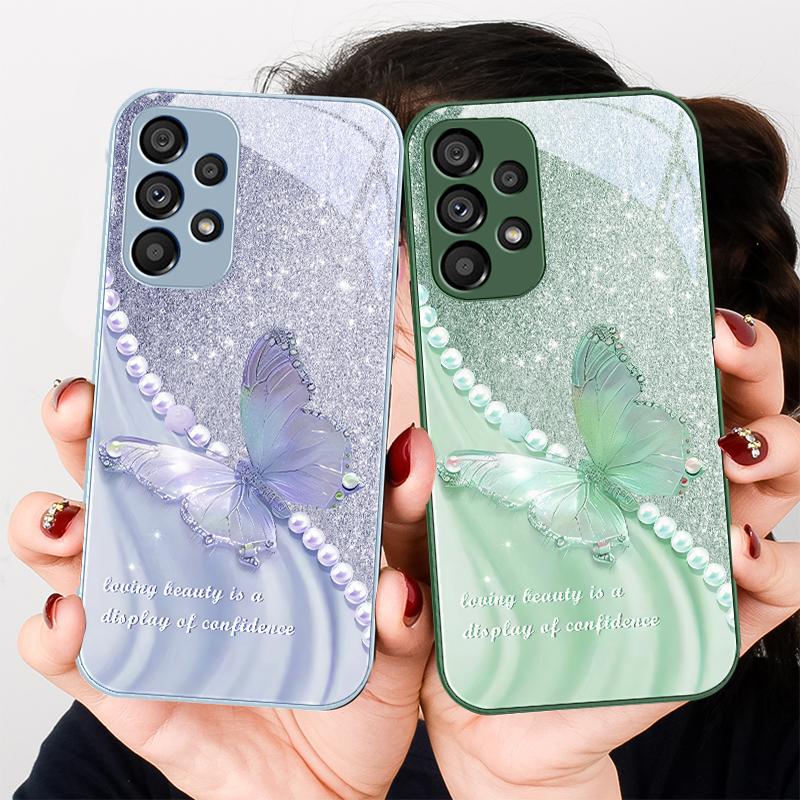 Pearl Butterfly Gradient For Samsung Galaxy S23 24 Plus S20 21 FE S25 Ultra A70 72 73 51 52 53 Tempered Glass Phone Case