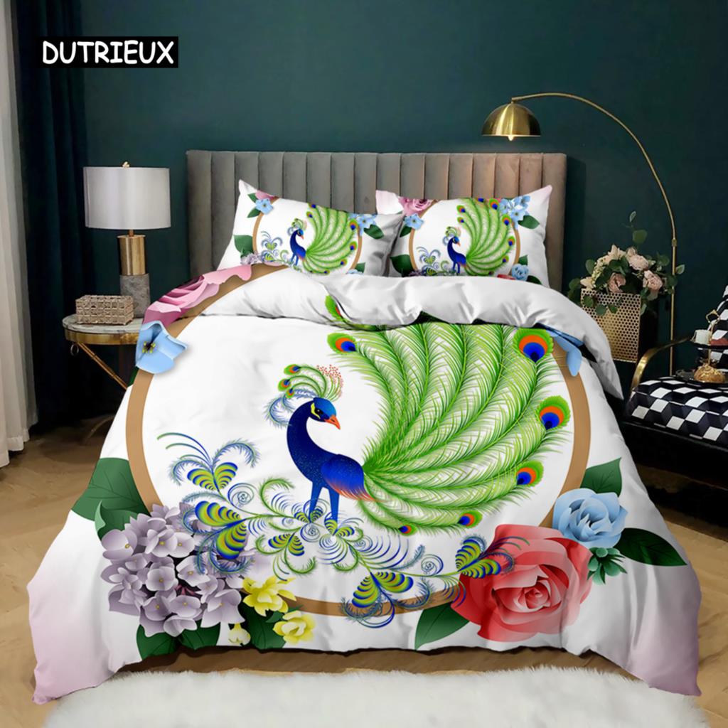 Set Husă Plapumă Păun Elegant Superb Albastru Pene Husă Plapumă Fete Femei Roz Flori Păsări Animal Poliester Husă Plapumă