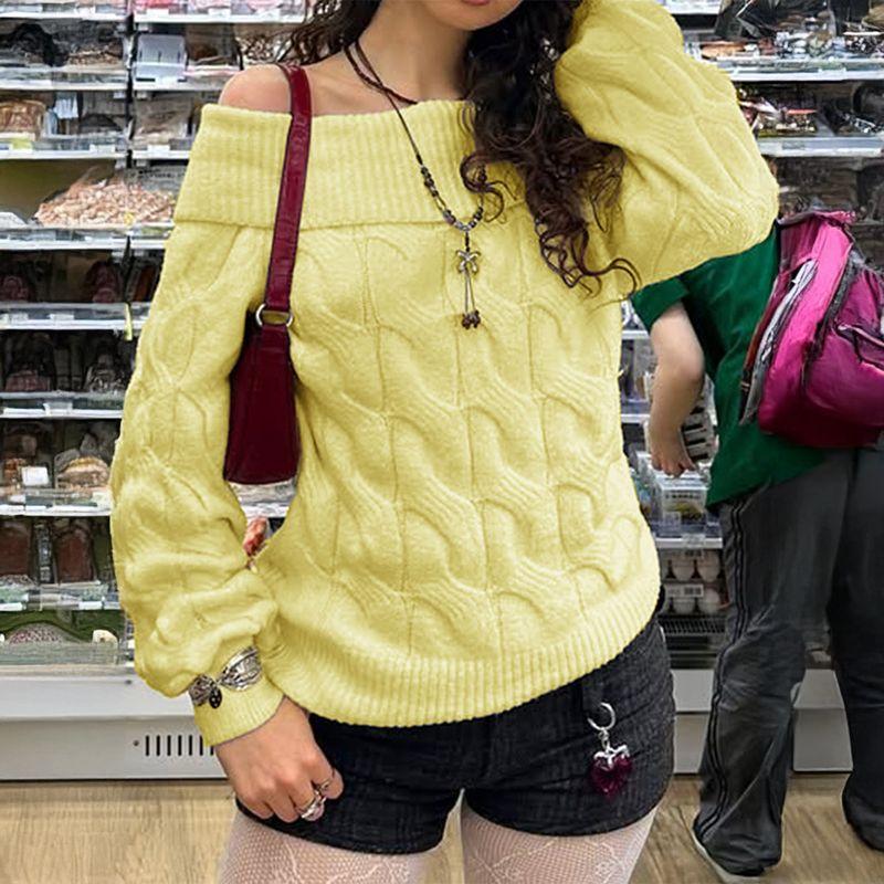 

European and American Autumn and Winter Amazon Independent Station Simple and Stylish off-Shoulder Long sleeve Sweater Wool Women clothes Knit Yellow XL