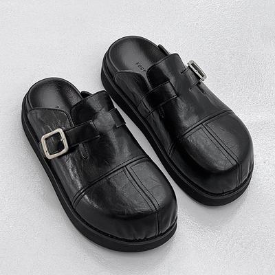 Sapatos Boken pretos premium de cabeça grande plataforma elevada roupa exterior um pedal chinelos retrô modernos 80521-J