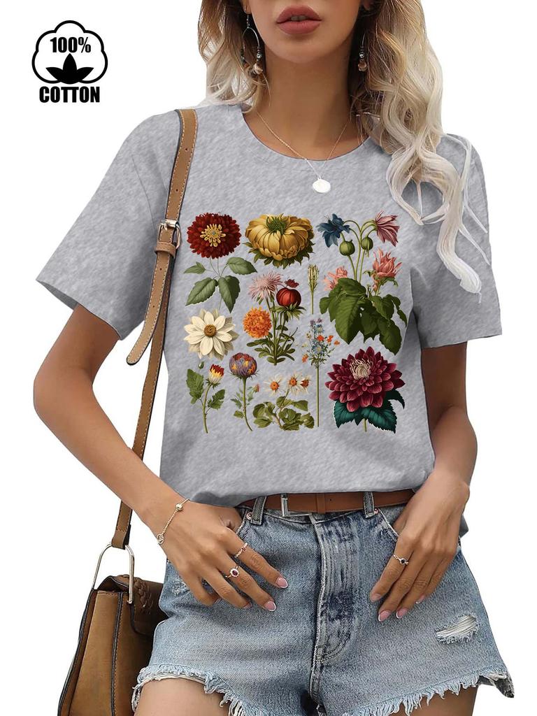 Floral Print Casual T-shirt 100% Polyester Short Sleeve round Neck Women's Graphic Top Aesthetic Summer Fashion
