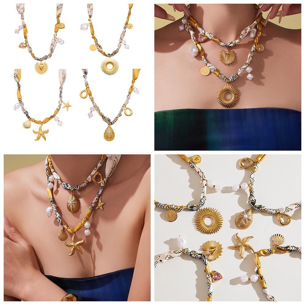 Qiong Yao Multi-Pendant Pearl Silk Scarf Necklace with Stainless Steel Clavicle Chain