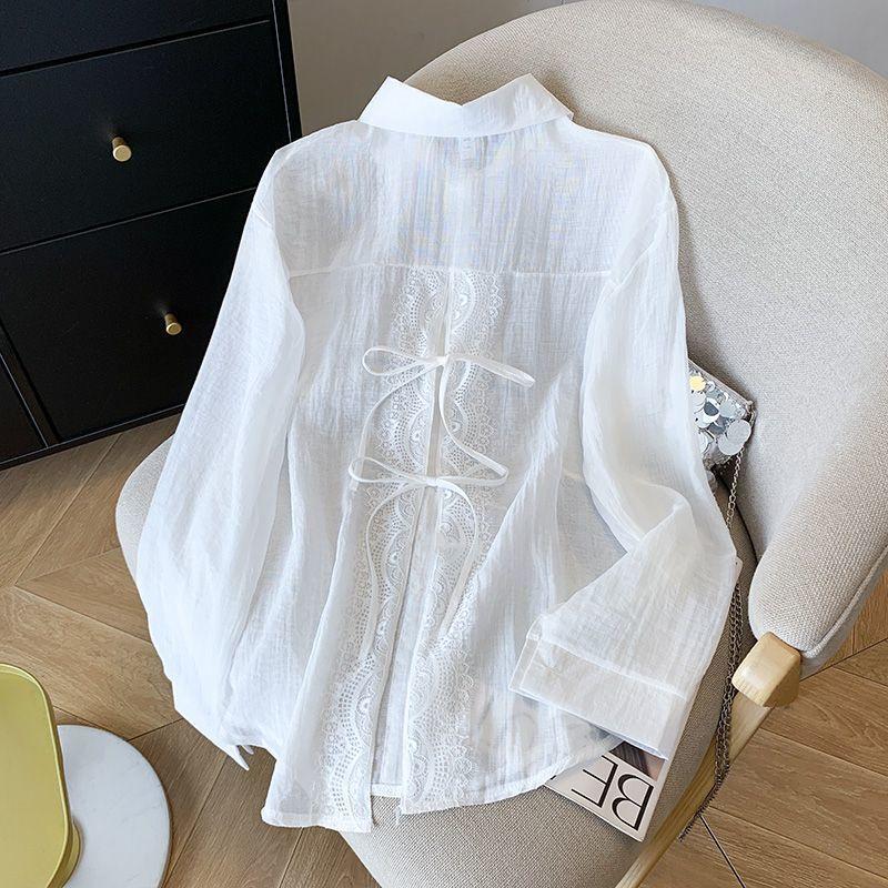 Women's Point Collar Long Sleeve Shirt Loose Fit Feminine Lace Patchwork Blouse Thin Sun Protection Overshirt