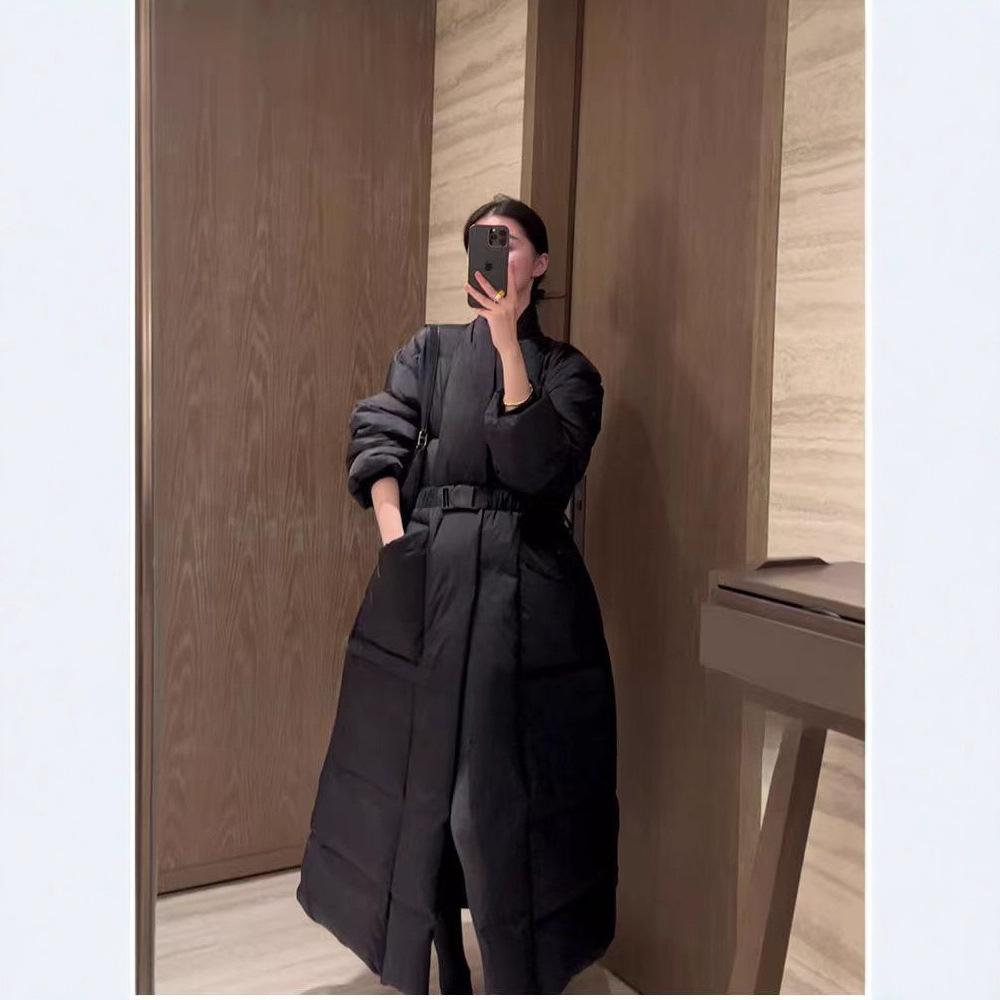 New winter minimalist fashion national style knee waist white duck down long down jacket long coat
