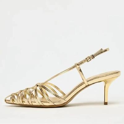 Sandali alla moda con cinturino sottile e tacco cavo da donna, marca di lusso, designer, tacchi dorati, lusso, matrimonio, punta, estivi, scarpe da sposa