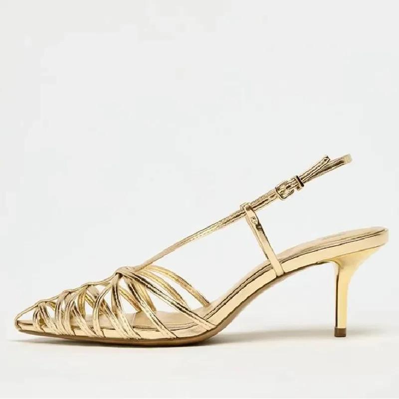 Fashion Narrow Strap Hollow Heeled Sandals Women Luxury Brand Designer Gold Heels Luxury Wedding Pointed Toe Summer Bridal Shoes