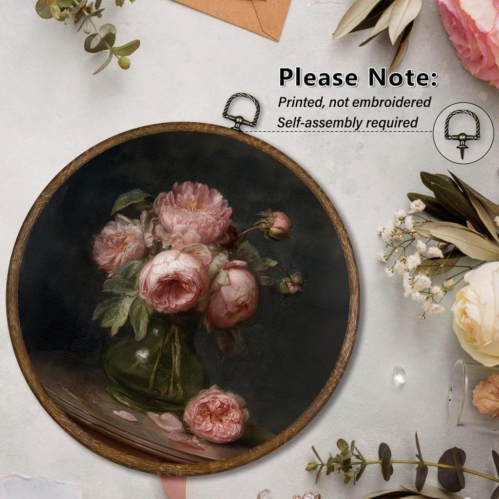 Qskjre Dark Moody Peony Floral Wall Art Decor, Vintage Cottagecore Pink Peonies Flower Round Wood Framed Canvas Wall Artwork, Shabby Chic Hanging
