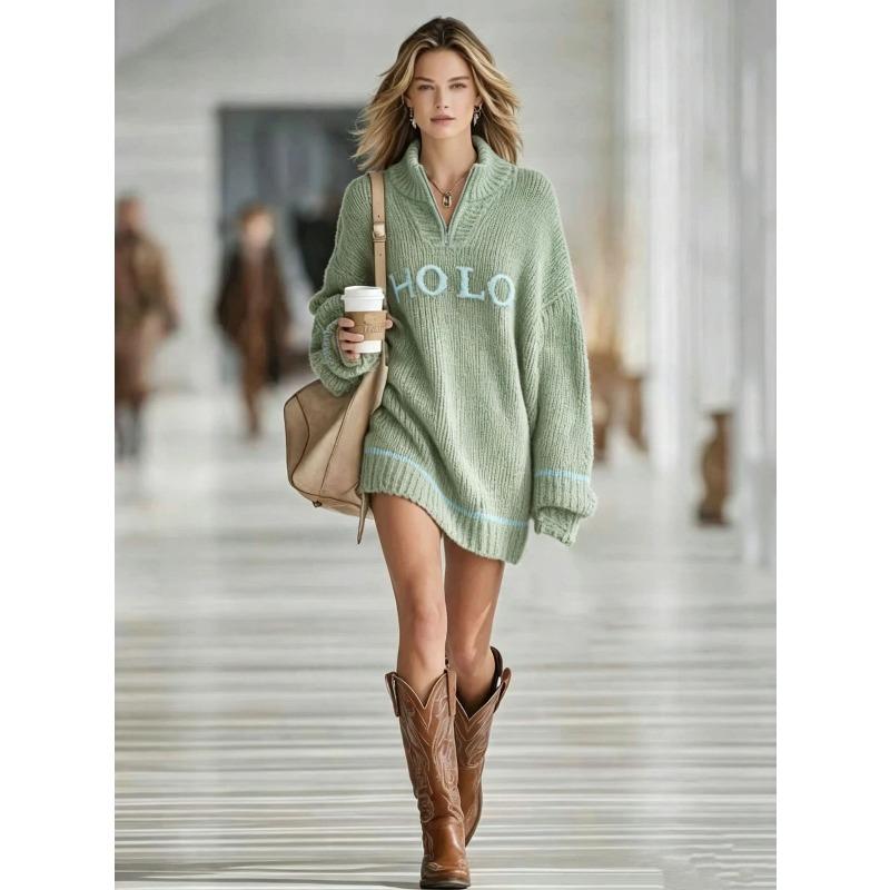 Autumn and winter popular new women's loose letter jacquard sweater zipper lapel mini knitted women's dress