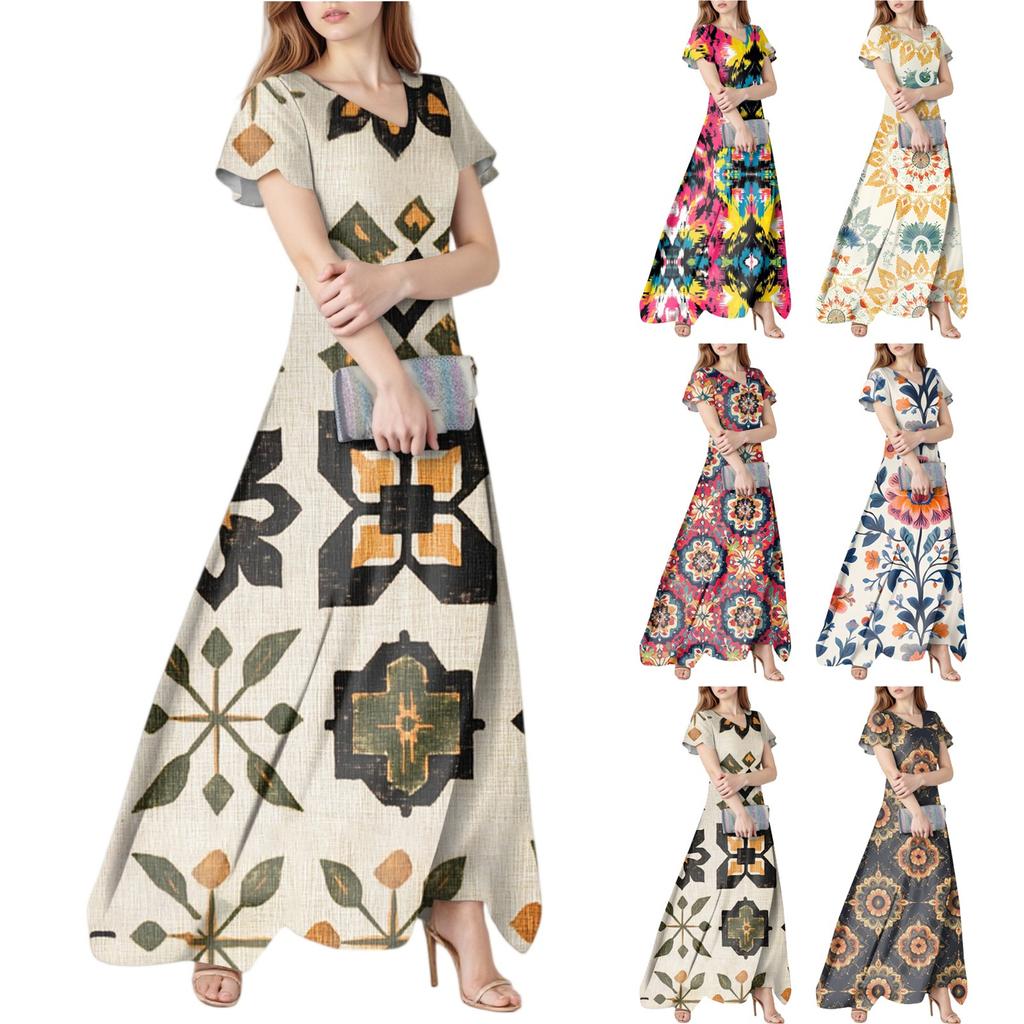Women's Summer Casual Fashion Bohemian Printed Dress V Neck Short Sleeve Dress