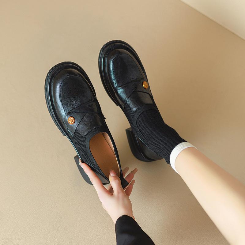 Cowhide Version~ Retro Camellia Round Head Loafers Women's Platform Sole One-pedal British Style Small Leather Shoes Thick Heel Single Shoes