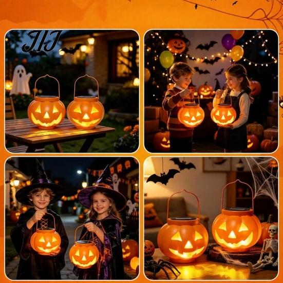 Weather Resistant Patio Lanterns Halloween Pumpkin Solar Lantern, Waterproof Outdoor Hanging Light, Orange Decorative Resin Lamps Spooky Face Lantern