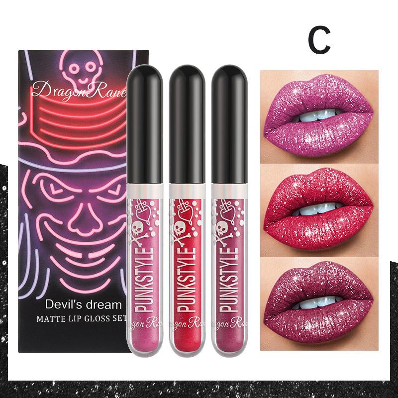 Halloween Three-piece Sequin Lip Glaze Box Non-stick Cup Lipsticks Glitter Pearl Stage Lip Gloss Set Is Perfect for Parties