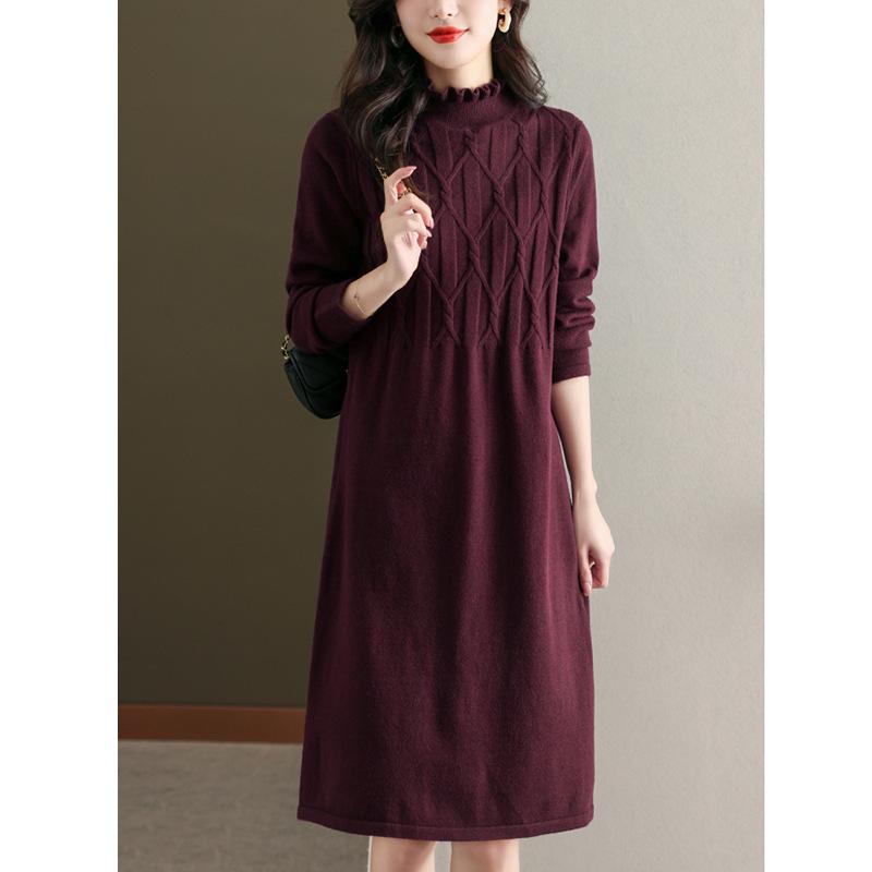 Wood ear edge semi-turtleneck knitted dress women's autumn and winter temperament elegant and thin inside with medium and long bottom sweater skirt