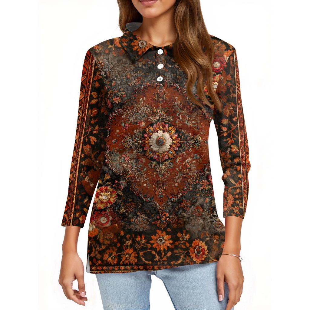 Damenmode Lässig Revers Kurz 3/4 Ärmel Print Hemd Damen Knopfleiste Oberteile