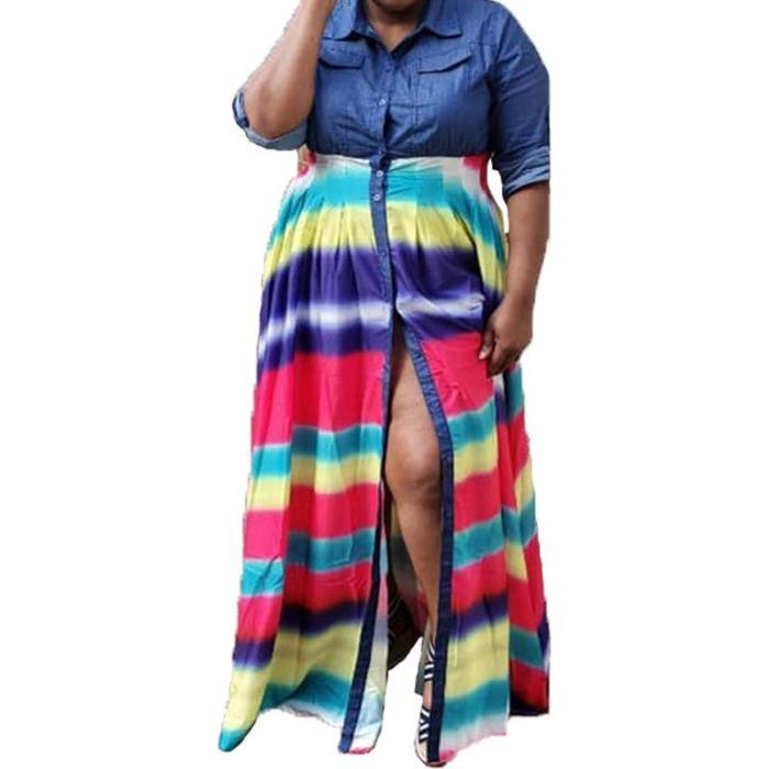 

Spring and summer new European and American long dress women s denim with woven printed pendulum splicing dress 4xl різнокольоровий