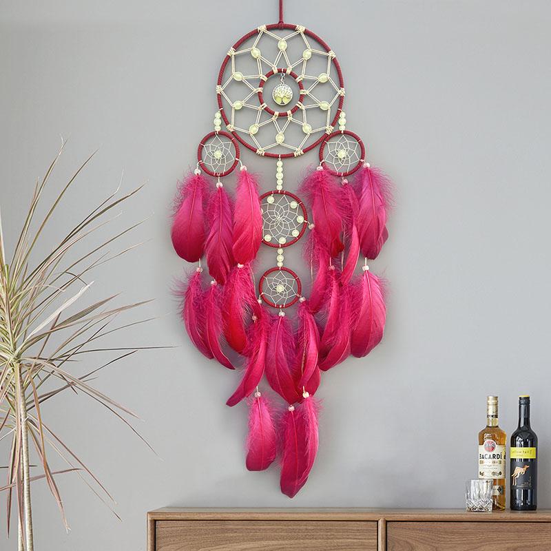 

Бохо Ловец снов Ручной работы Перья Колокольчики ветра Гостиная Спальня Подвесные украшения Уникальные подарки на день рождения Домашние украшения красный