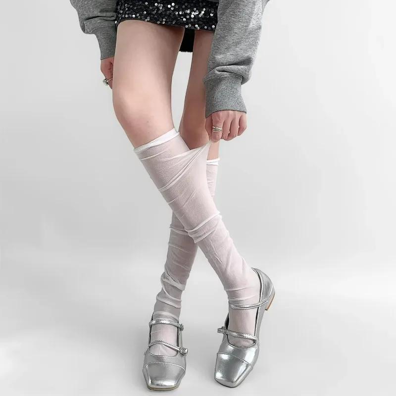 New Women Lolita Socks Y2K Solid Long Loose Socks Female Spring Breathable Lace Casual Sweet Soft Korean Over The Knee Stockings