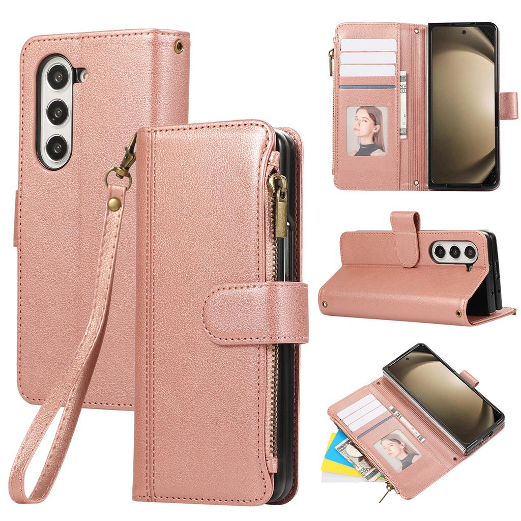For Samsung Galaxy Z Fold7 5G Case Multi Card Slots Zipper Leather Phone Cover with Wrist Strap