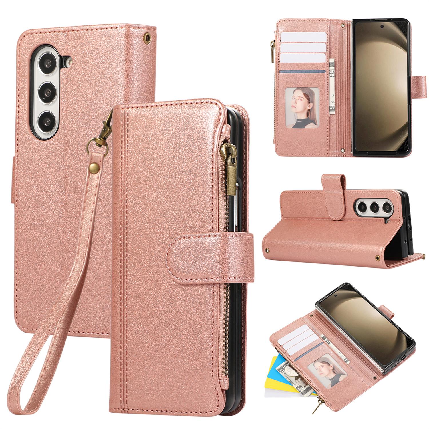 

For Samsung Galaxy Z Fold6 5G Case Multi Card Slots Zipper Leather Phone Cover with Wrist Strap Rose Gold