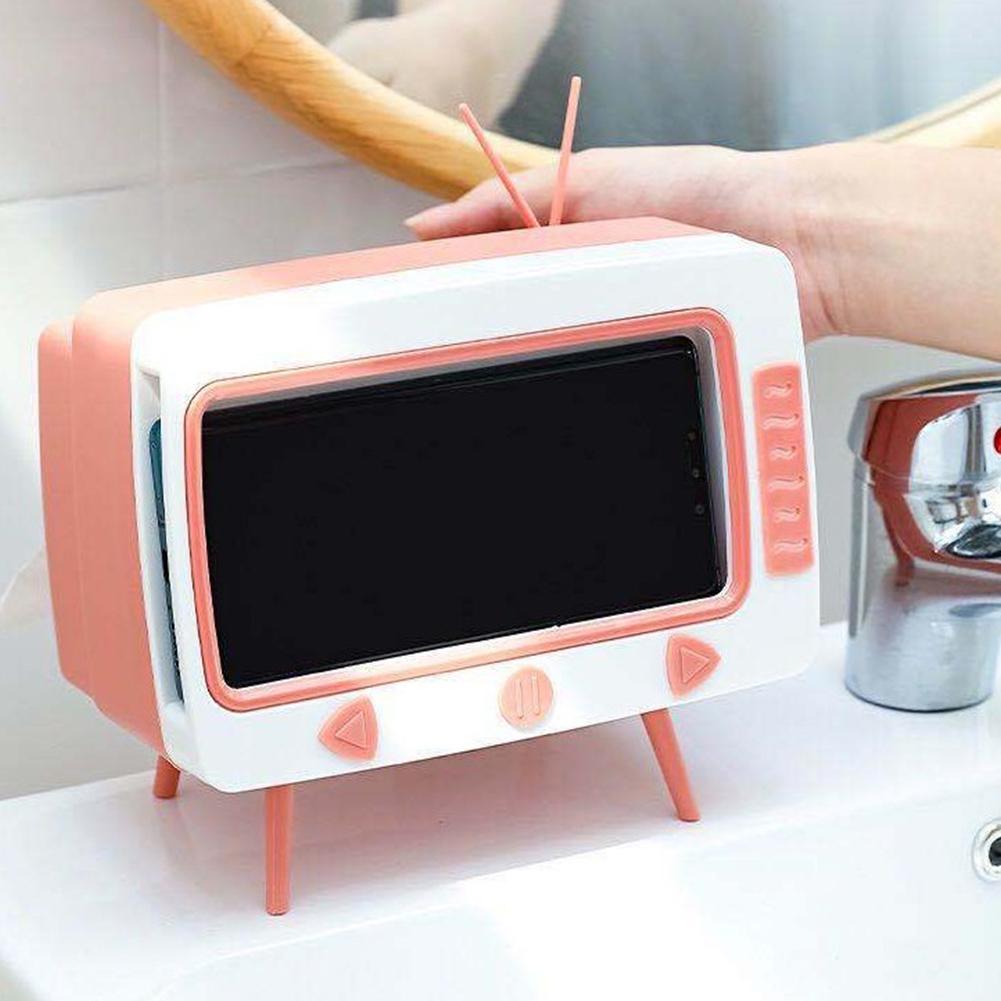 Retro Taschentuchbox Fernsehförmig Rollenpapier Aufbewahrungsbehälter Eingebauter Handyhalter