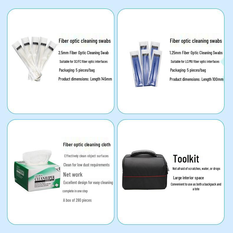 Fiber Optic Cleaning Kit: Includes Cassette, Pen Tool, Cotton Swabs, Alcohol Bottle.