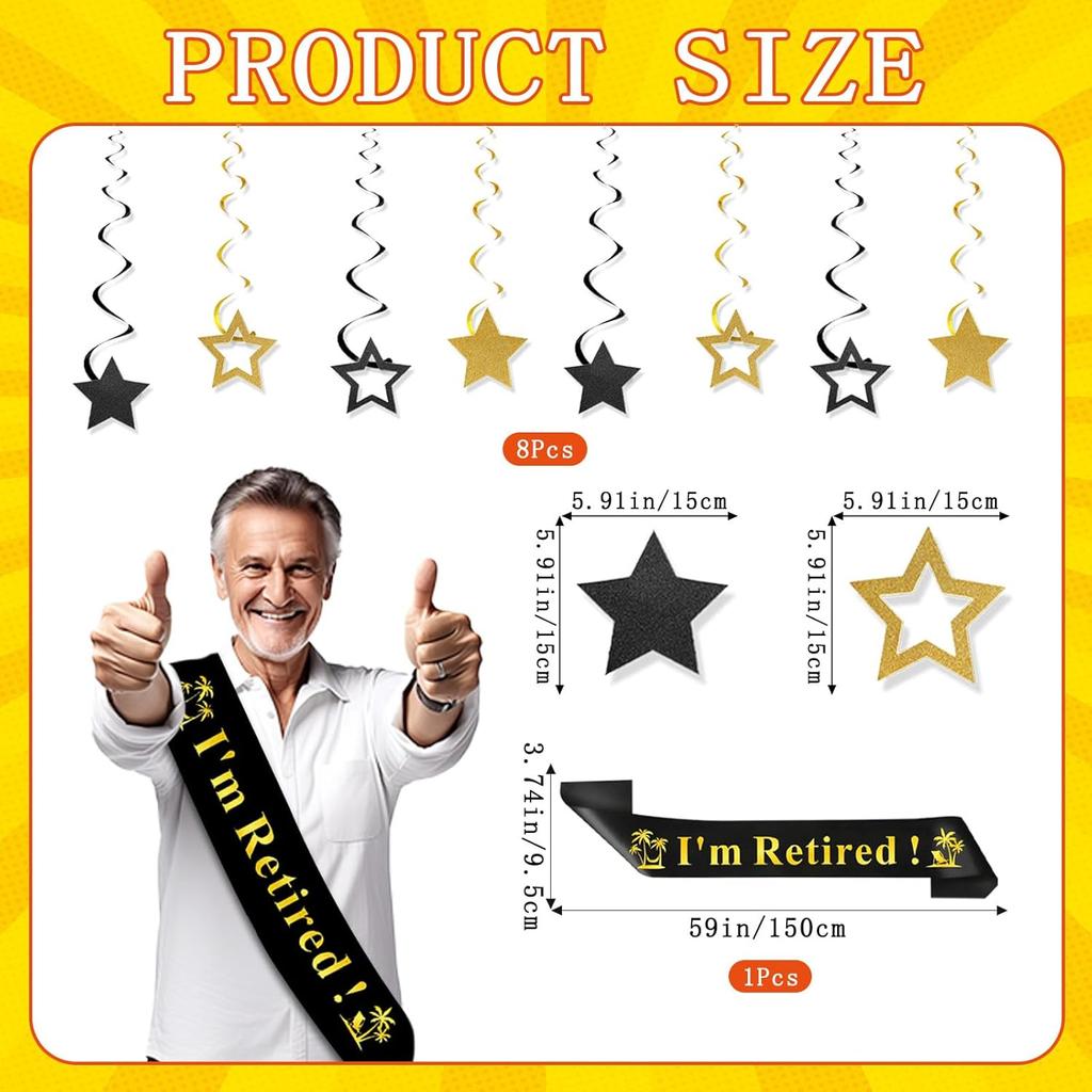 Retirement Party Decorations Black and Gold Happy Retirement Banner Gold Glitter Pennant Flag Banner Star Hanging Swirls and Sash Retired Party