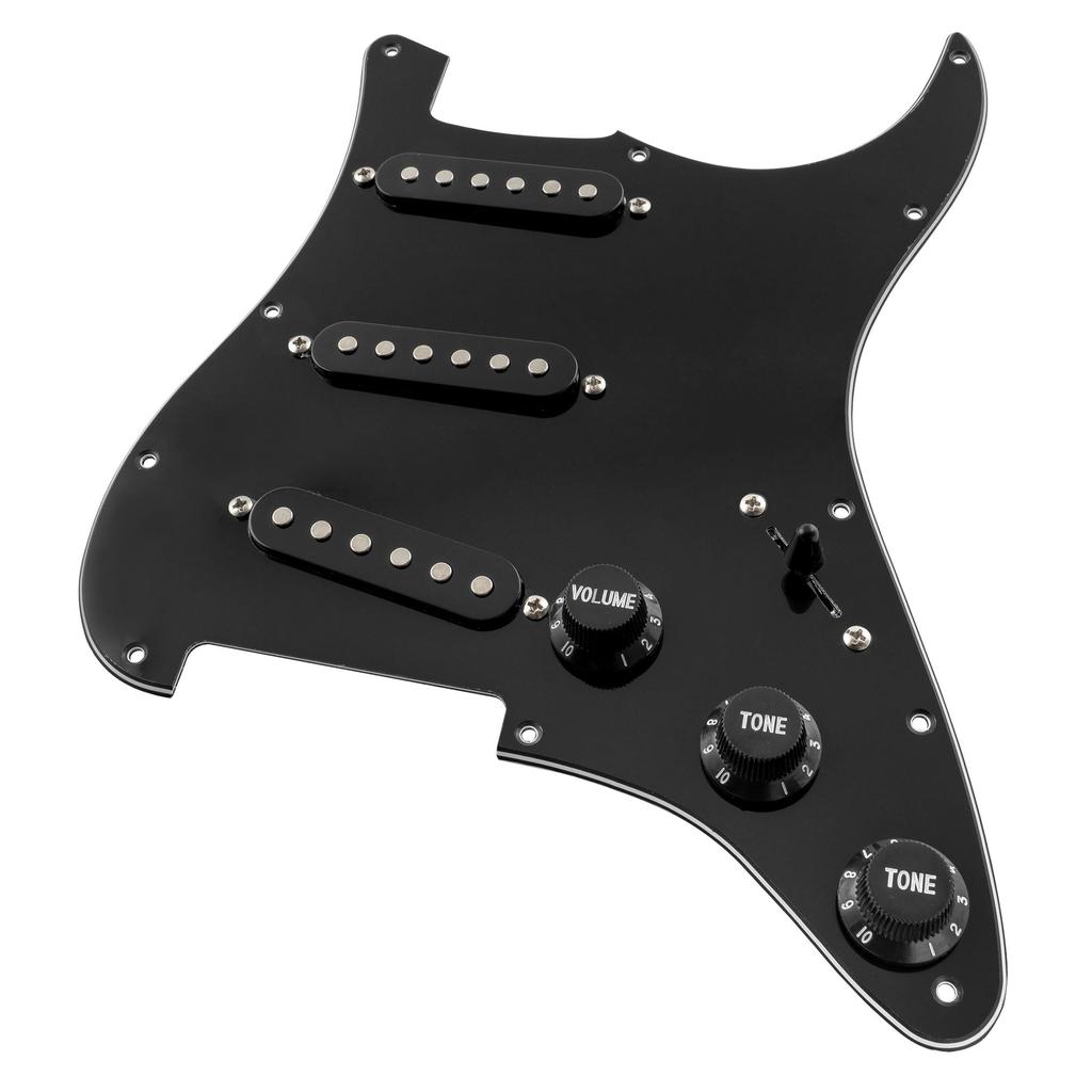 Musiclily Basic 11-lyukú ST előre szerelt koptatólemez Fender Stratocaster elektromos gitárhoz SSS Single-Coil hangszedő szettel, Fekete, 3 részes szett
