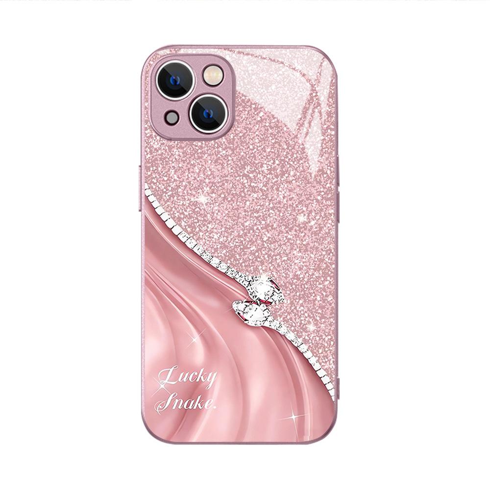Factory direct supply Light luxury rhinestone silk pattern glass mobile phone case iPhone15/16 scratch-proof protective case Support OEM