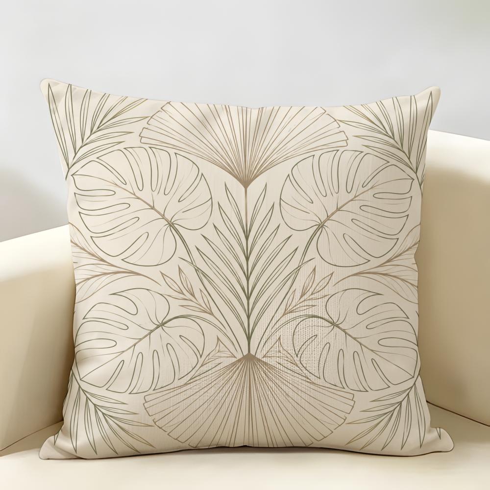 Neutral Line Leaf Botanical Cushion Cover Durable Hypoallergenic Organic Linen Short Pillow Cover Washable