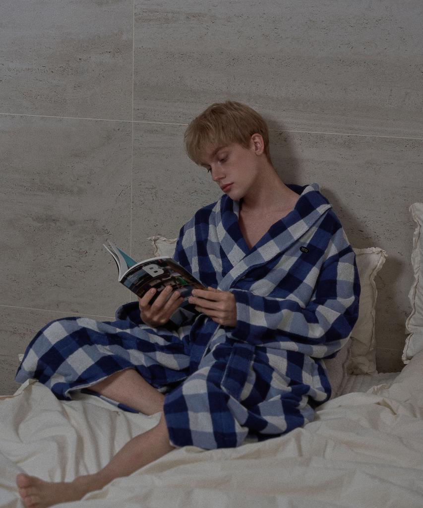 Teto Supima Bath Robe Checkerboard Blue
