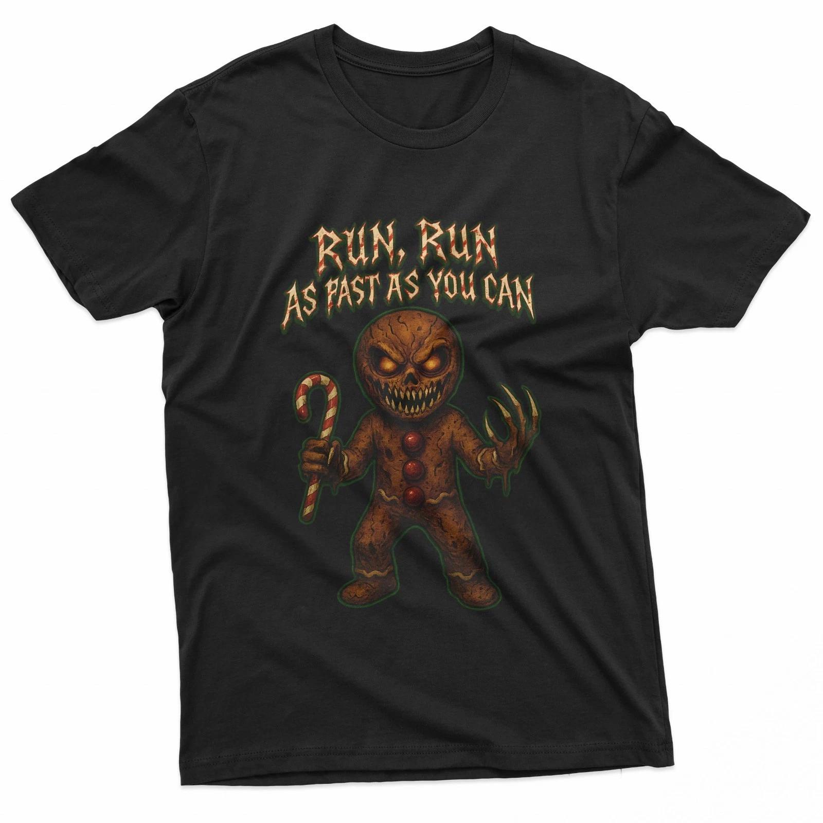 

Run Run Evil Gingerbread Man Horror Christmas Art 100% Cotton T-shirt Mens Tees Top 4XL