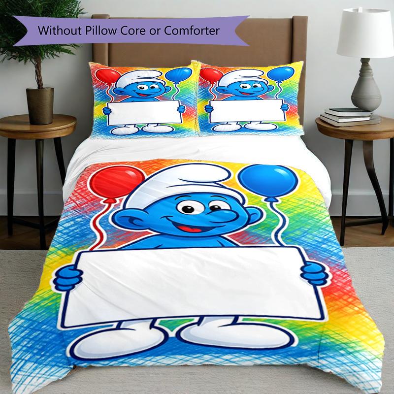 3pcs Duvet Cover Set (1*Duvet Cover + 2*Pillowcase, Without Core), Blue Smurfs Print Bedding Set, Bedroom Decor, All‑Season, Birthday Gift