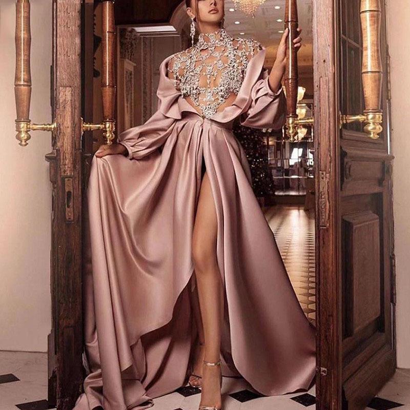 European and American Summer New Celebrity Banquet Women's Clothing High Waist Pink Evening Dress Sexy Split Temperament Dress