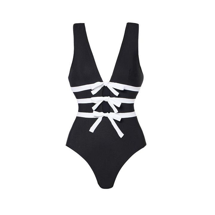 1011 European and American New Fast-selling Black and White V-neck Bow Hollow One-piece Swimsuit Female Thin 11191