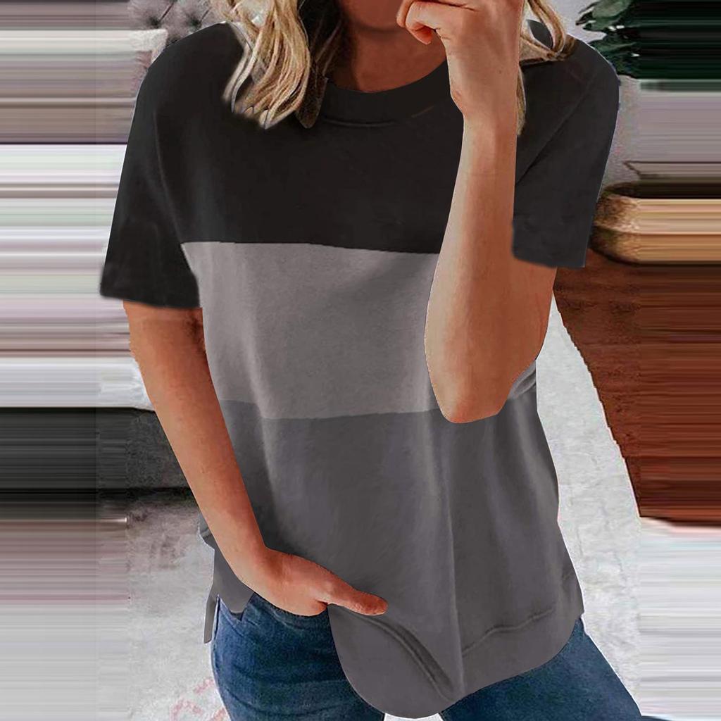 Women's Casual Fashion Short-Sleeved Stitching Round Neck Pullover Thin T-shirt