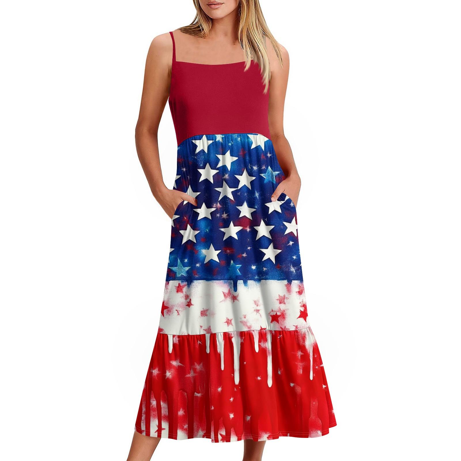 

Women s Independence Day Printed Long Beach Casual Elegant Spaghetti Strap Maxi Dress Low Profile Flowy Dress XL кавун червоний колір