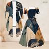 Women Plus Size Two Piece Set Square Neck Short Sleeve Tie Waist Printed Flared Dress 3 4 Sleeve Open Cardigan Blue White