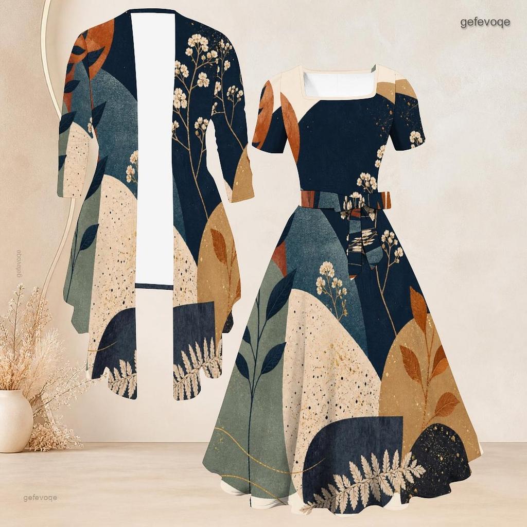 Women Plus Size Two Piece Set Square Neck Short Sleeve Tie Waist Printed Flared Dress 3 4 Sleeve Open Cardigan Blue White