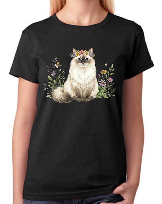 Floral Ragdoll Cat Illustration Ladies T-Shirt Cute Feline Art Tee 2XL