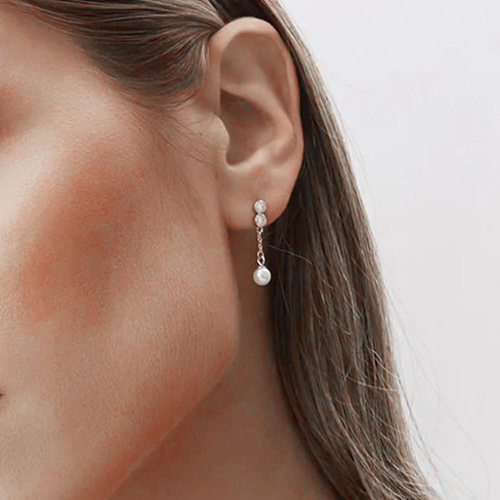 Fashion 925 Sterling Silver Small Zircon Tassel Chain Dangling Pearls Gold Plated Stud Earring Jewelry for Women