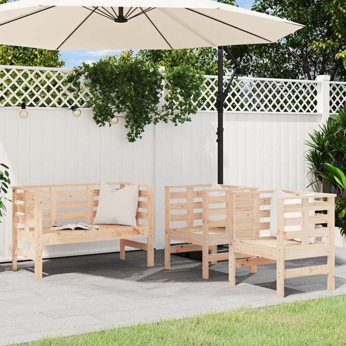 VidaXL Salon de Jardin 3 pcs, Sièges de Patio, Ensemble de Meubles, Mobilier de Terrasse Arrière-cour Extérieur, Bois Massif 825142