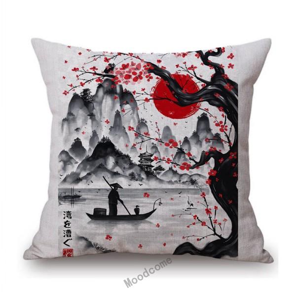 Japanese Ink Painting Geisha Samurai Spirit Tattoo Black Red Sakura Sushi Store Decoration Throw Pillow Case Linen Cushion Cover