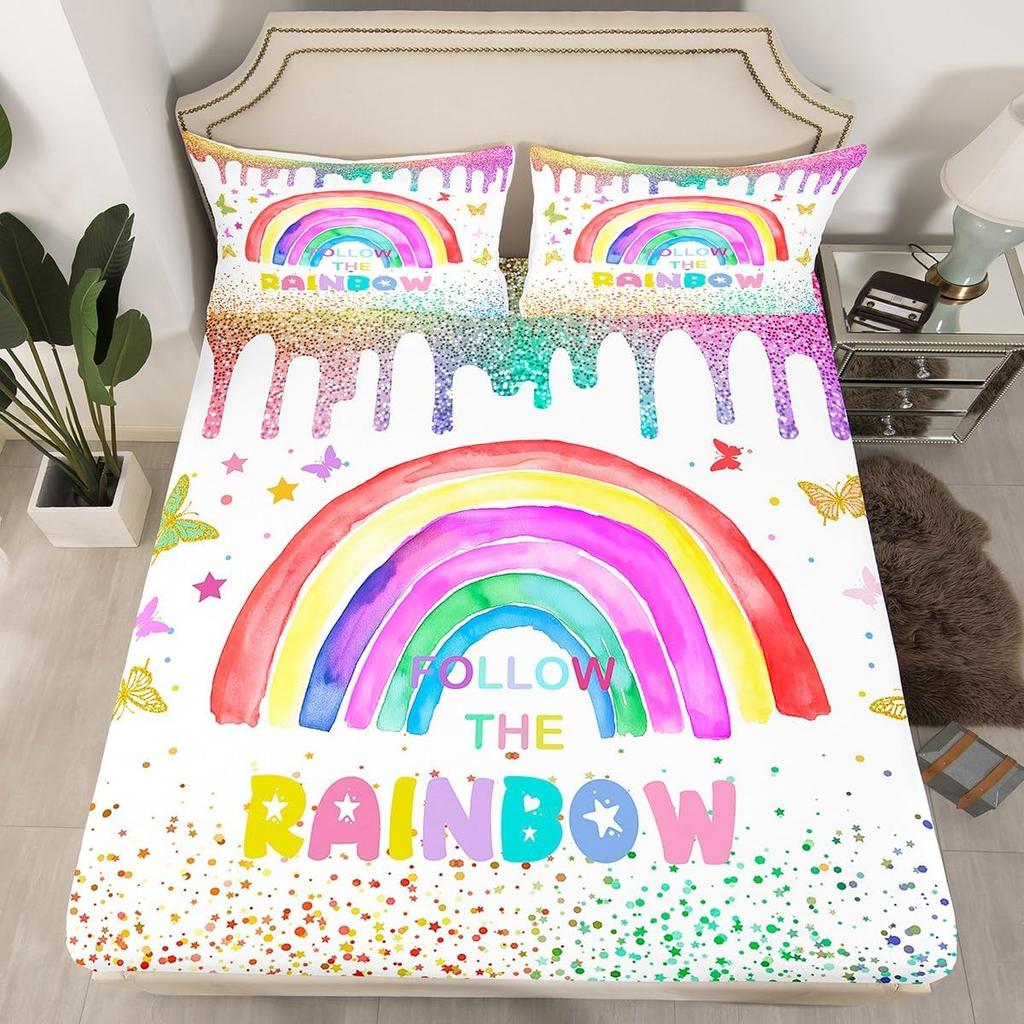 Rainbow Fitted Sheet Double Size and Pillow Case 2 Pcs, Colorful Rainbow Cartoon Fitted Sheet Set with 30cm Pocket for Kids